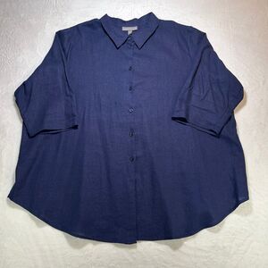 Jessica London Women's 28W Navy Linen Button Front Blouse Short Sleeve Plus Size